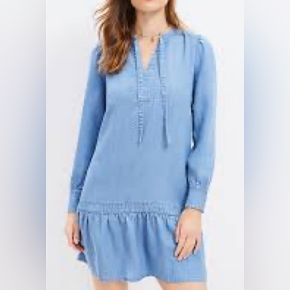 Loft Chambray Tie Neck Flounce Swing Dress. Sz  M - Picture 2 of 12